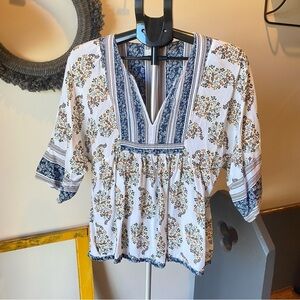 Lucky Brand Floral V-Neck Blouse - Blue and White